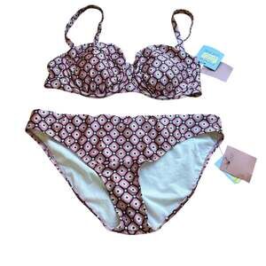 Shade & Shore Bikini Set XL 38DD Pink Geometric Pattern Low Rise Underwire